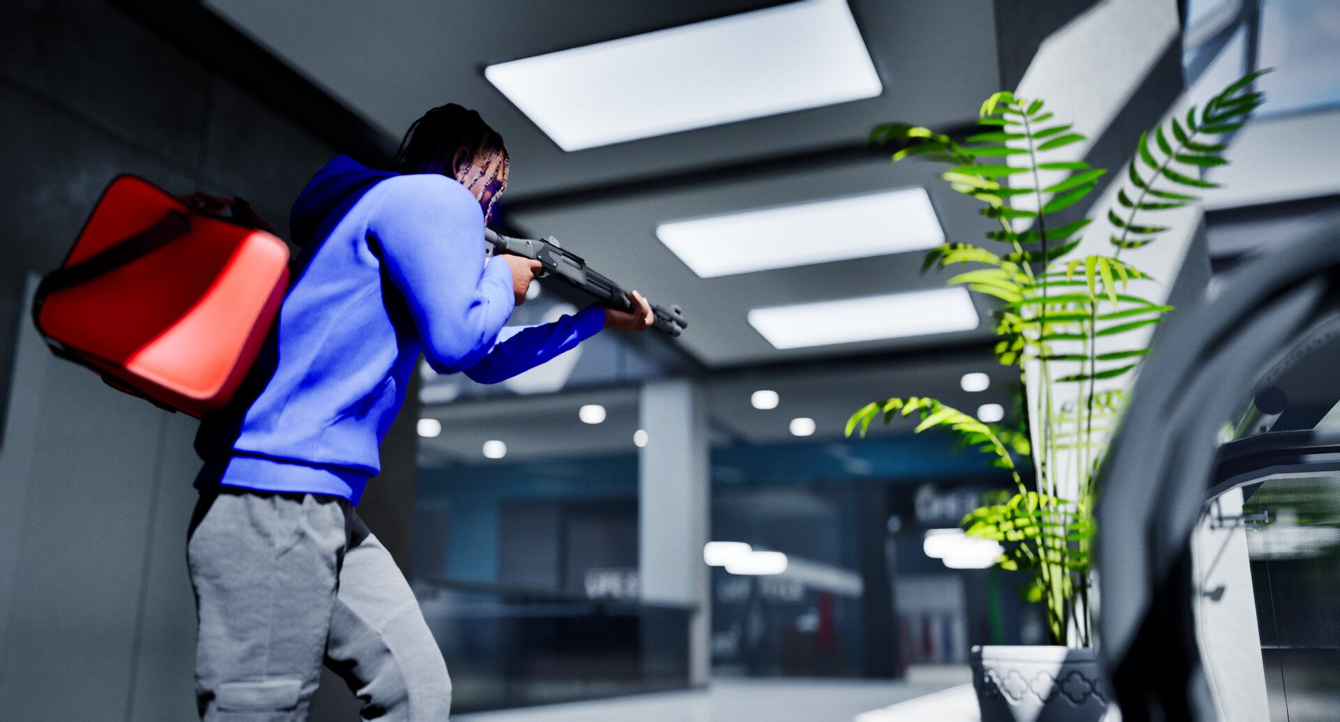 Hood Warfare 2 character in a blue hoodie carrying a red bag and aiming a shotgun indoors
