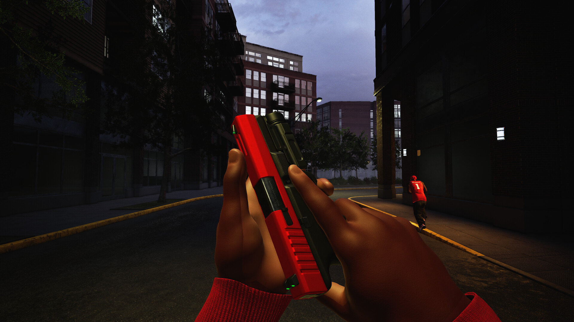 First-person sidearm view on a city street in Hood Warfare 2