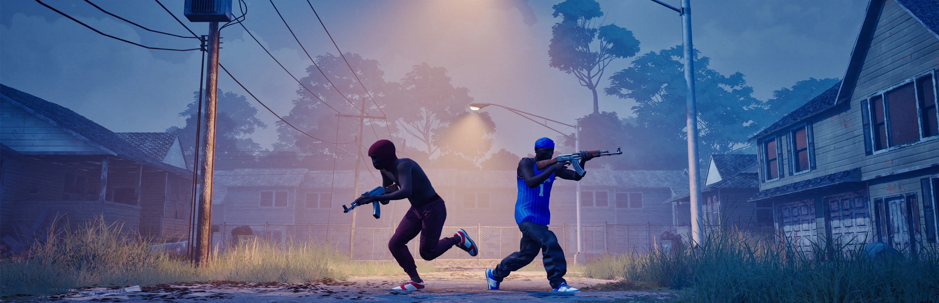 Official Hood Warfare 2 artwork: rival characters on a Chicago street at dusk