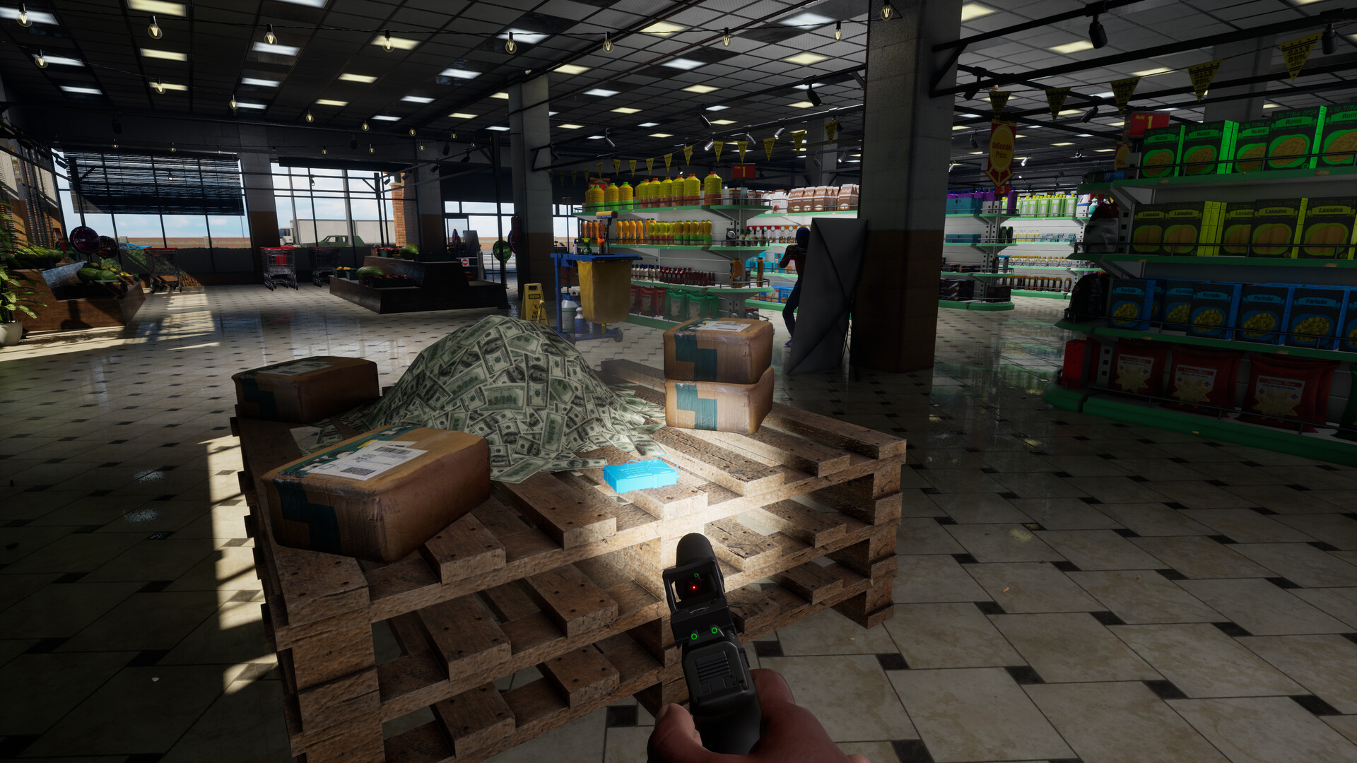 First-person pistol with a red-dot sight inside a supermarket in Hood Warfare 2