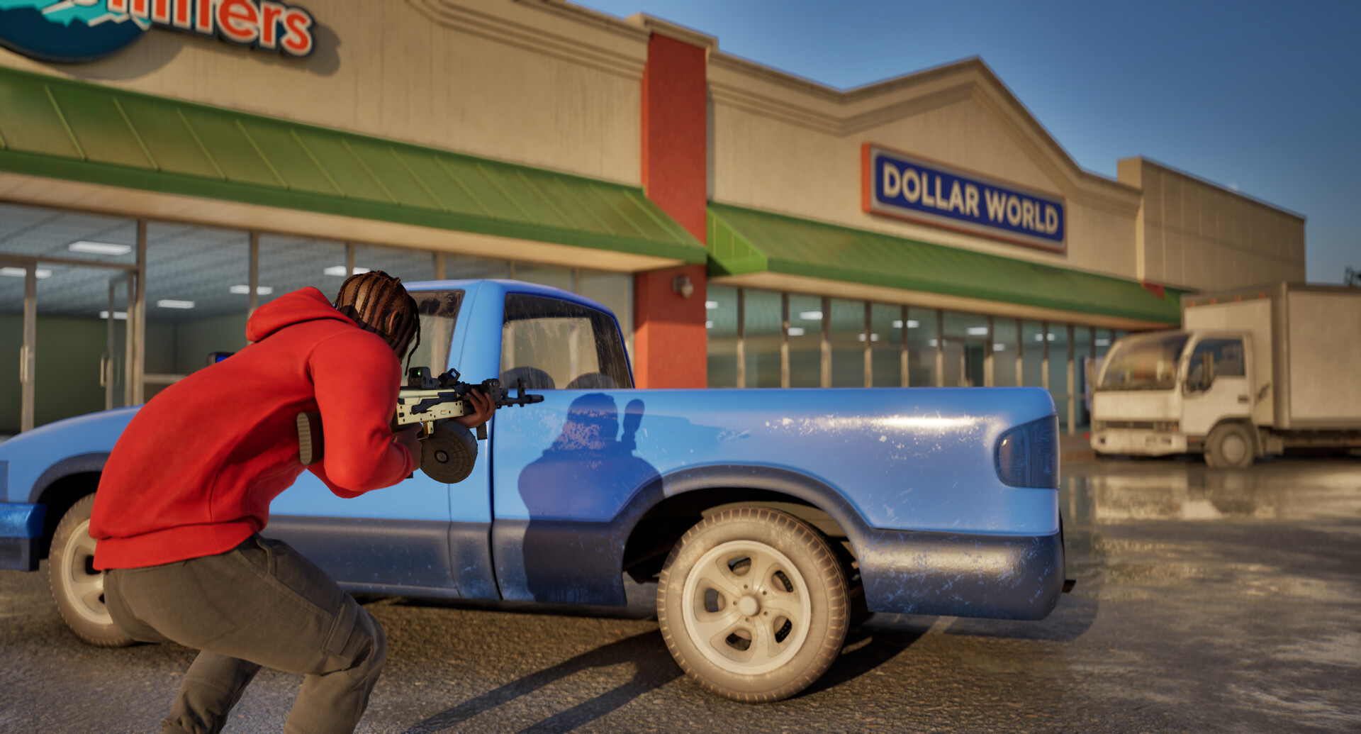 Official Hood Warfare 2 screenshot of a storefront and a vehicle on a city block